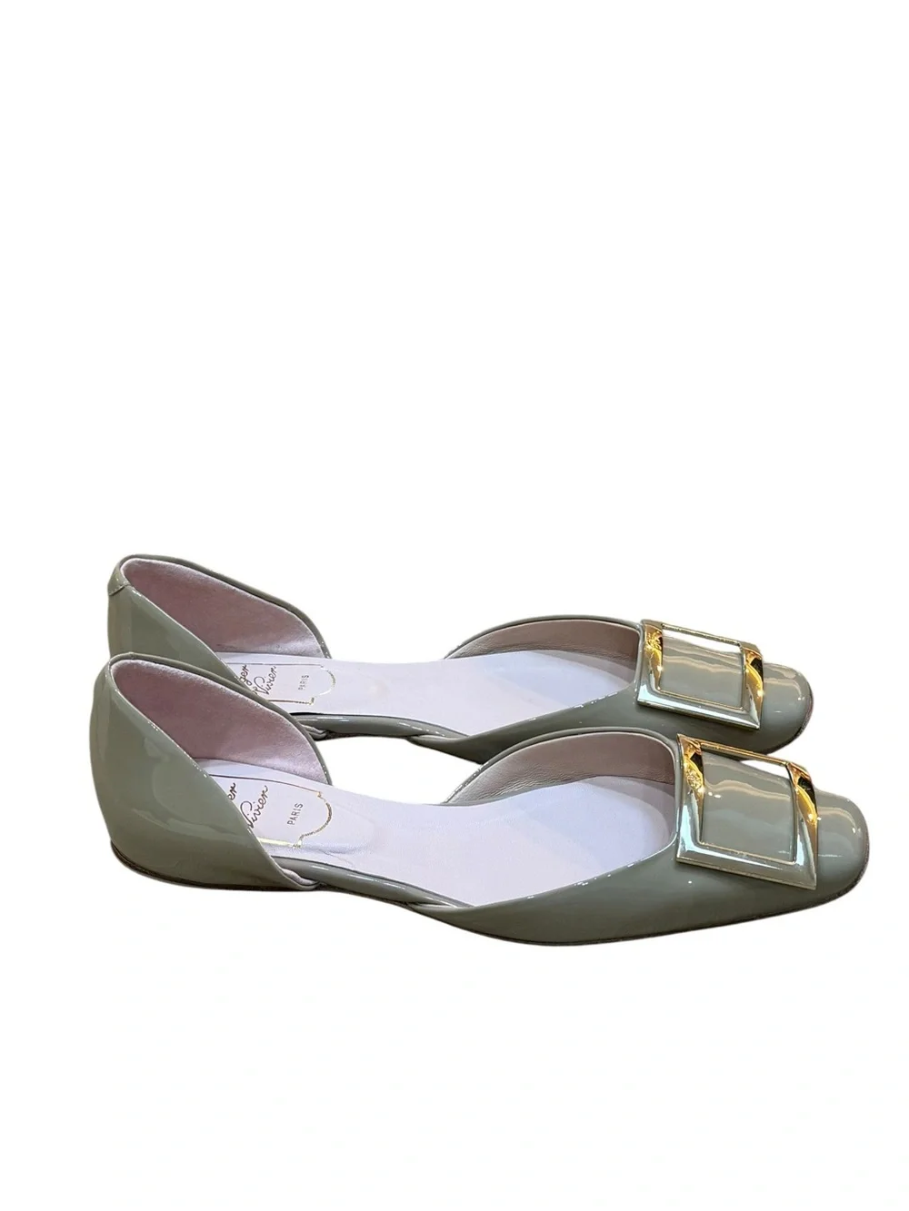 Roger Vivier Nude Patent D'Orsay Flats with Gold Buckle 37